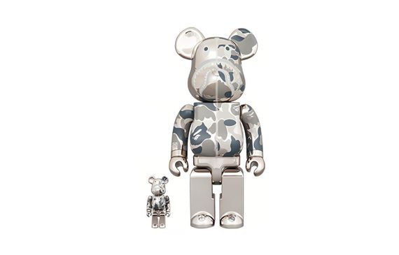 BE@RBRICK x BAPE 100%400% CAMO SHARK SILVER 7cm/28cm